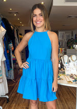 Load image into Gallery viewer, Aqua blue sweet and lively halter keyhole neck tier short dress.
