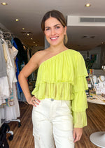 Load image into Gallery viewer, Light lime tiered sleeve one shoulder top.
