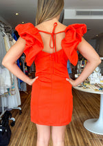 Load image into Gallery viewer, Poppy red pleated puff sleeves romantic short dress.
