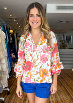 Load image into Gallery viewer, Floral balloon bell sleeve blouse. Pairs well with any jeans or shorts.
