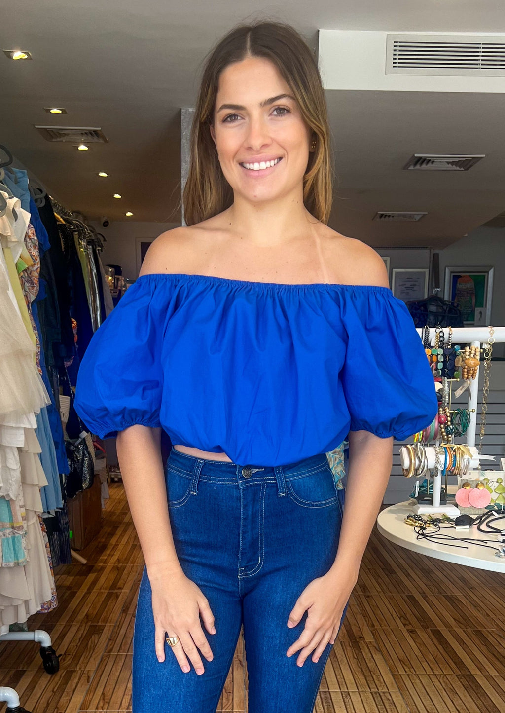 Puff sleeve off the shoulder back tie top.