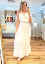 Load image into Gallery viewer, White maxi dress with elastic waist band, lining until knee, ties in the front.
