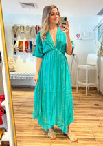 Load image into Gallery viewer, Green v-neck gold stripped maxi dress with elastic waistband and short sleeves.
