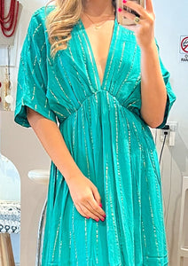 Green v-neck gold stripped maxi dress with elastic waistband and short sleeves.