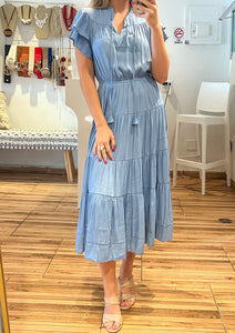 Light dusty blue flutter short sleeves, split neck with tie, con shaped trim tiered midi dress.