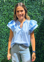 Load image into Gallery viewer, Light blue short flutter sleeve v-neck blouse.
