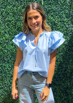 Load image into Gallery viewer, Light blue short flutter sleeve v-neck blouse.
