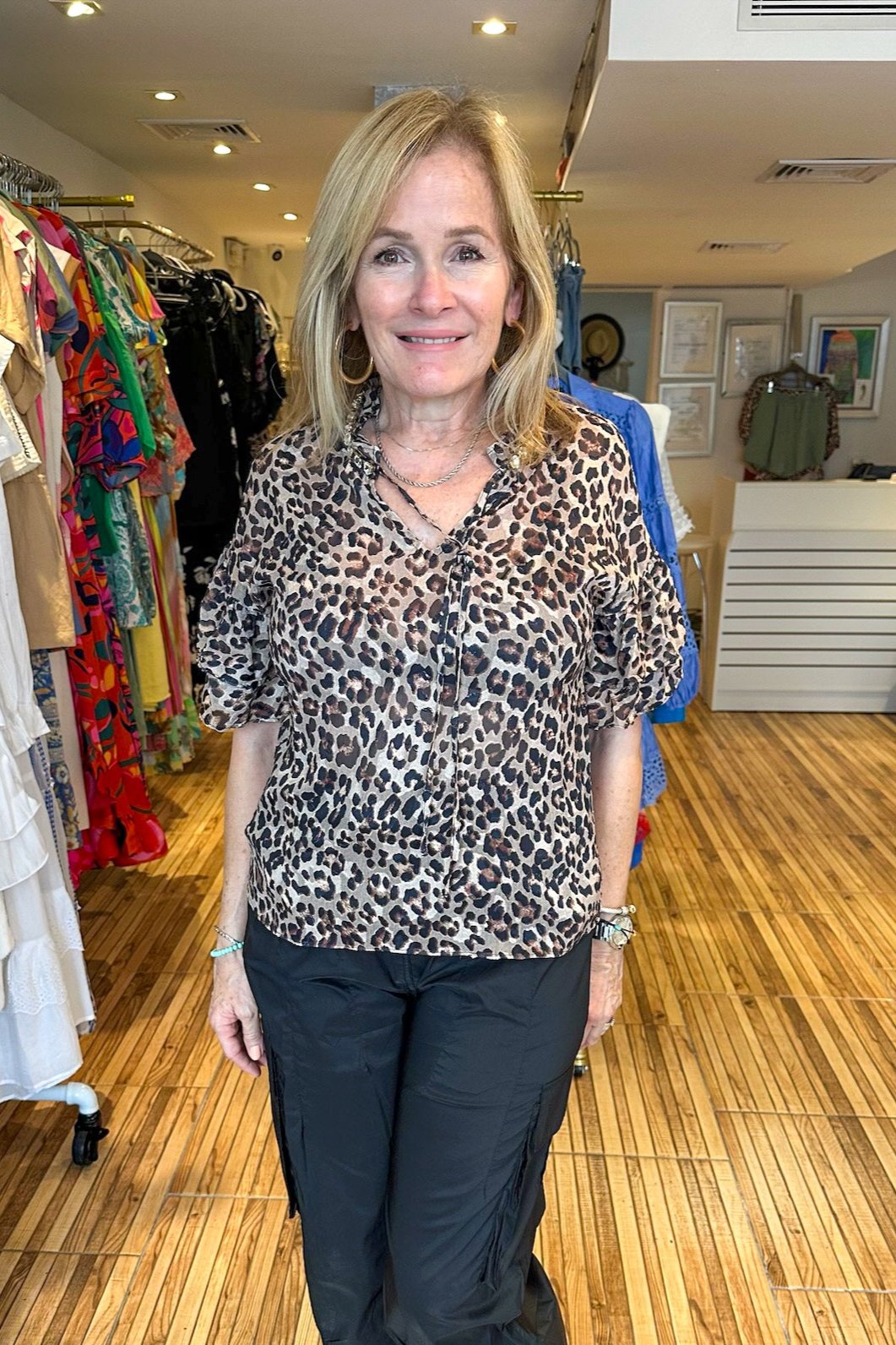 Short ruffle sleeve animal print top