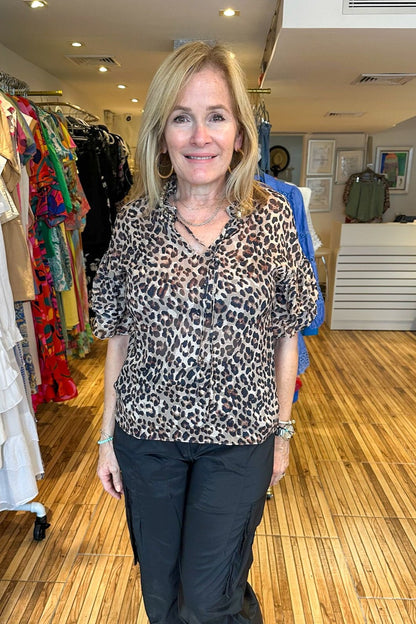 Short ruffle sleeve animal print top