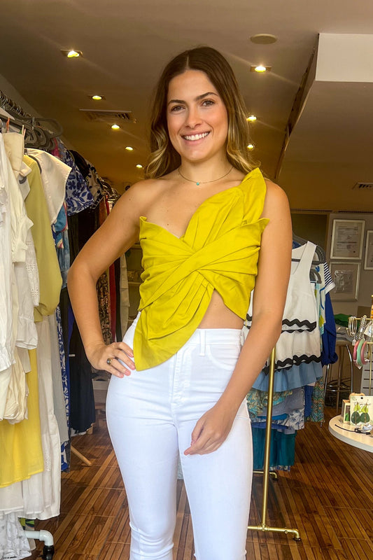 Chartreuse one shoulder knotted twist top.&nbsp;