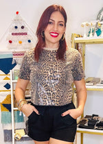 Load image into Gallery viewer, Taupe leopard shoulder pad sequins top.
