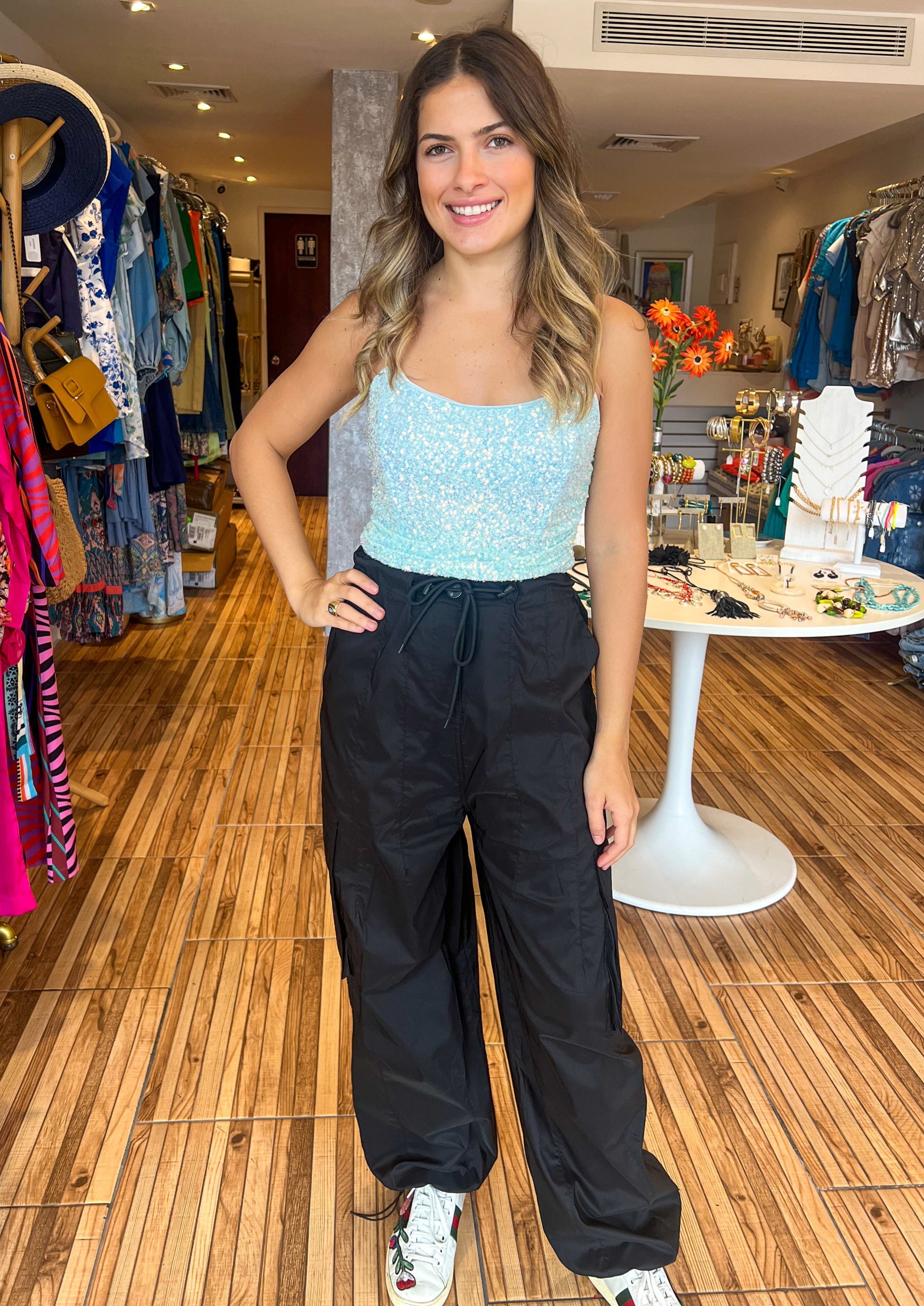 Aqua sequin rushed detail fitted crop top with exposed back zipper.