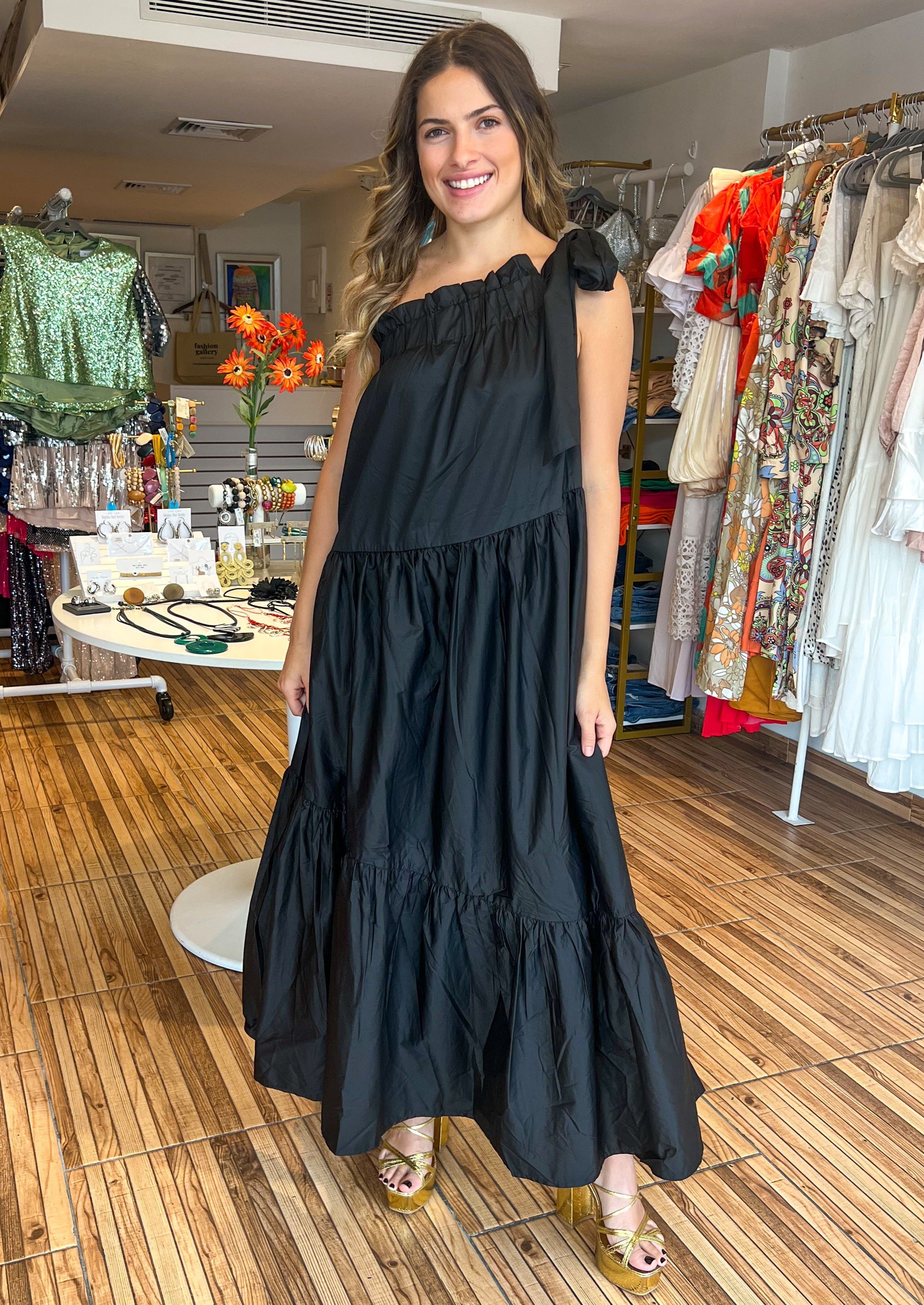 Black one shoulder self tie strap gathered maxi dress with lining and pockets.