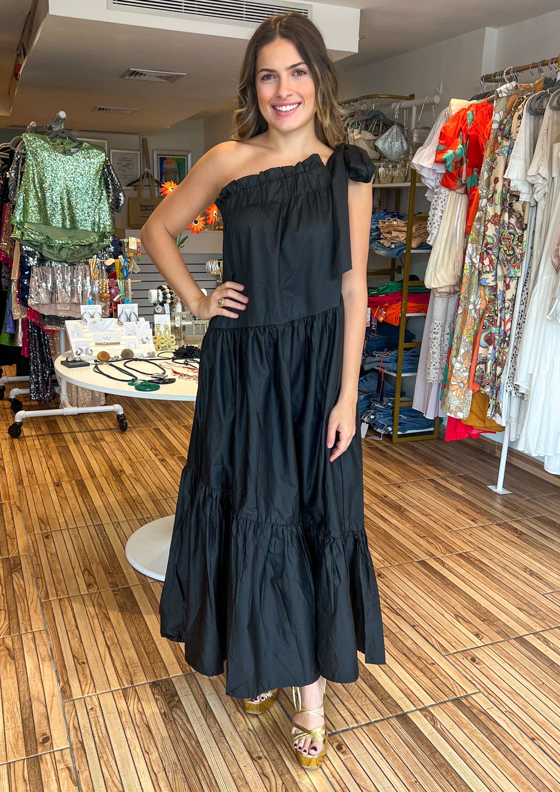 Black one shoulder self tie strap gathered maxi dress with lining and pockets.
