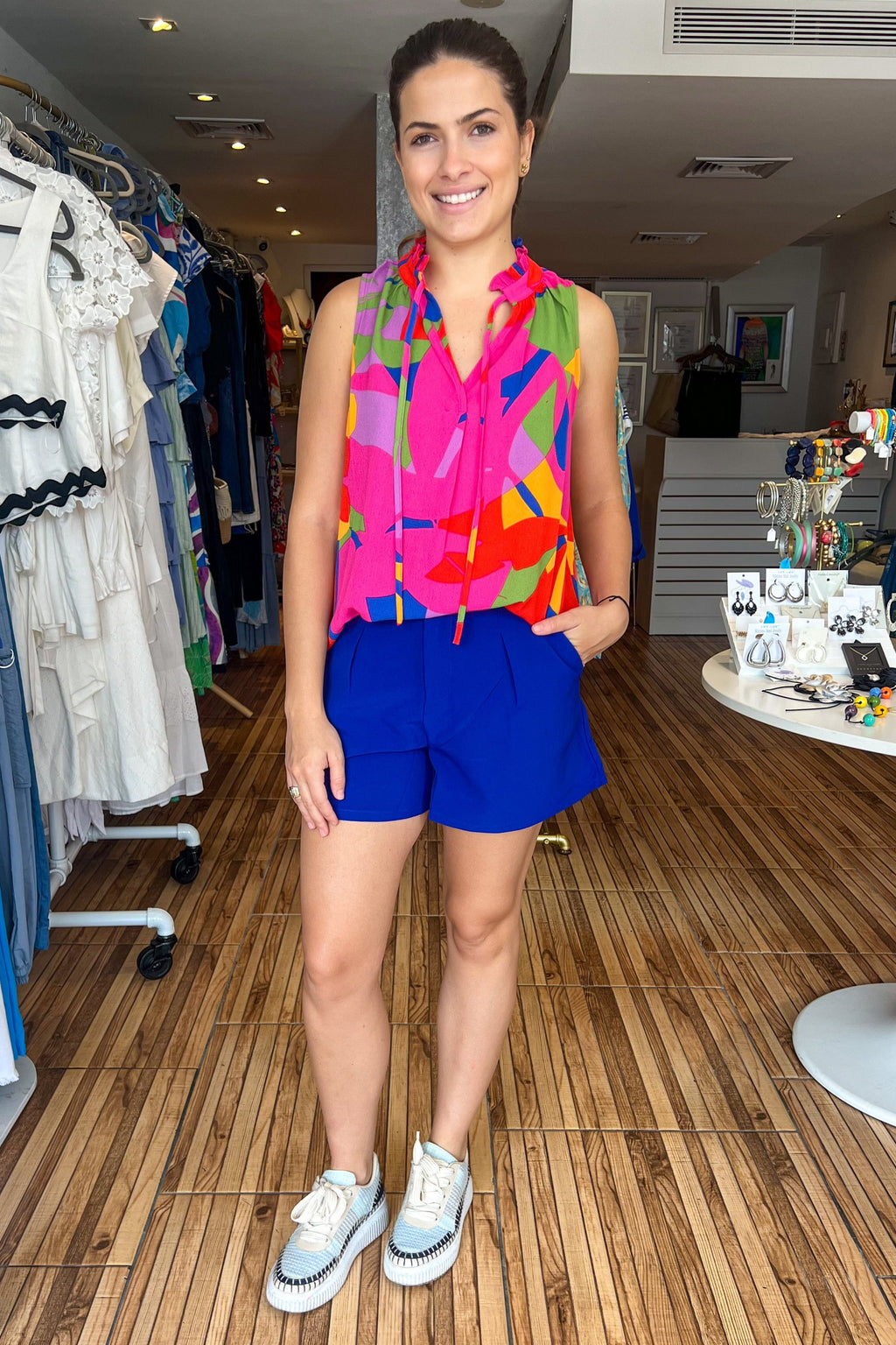 Fuchsia printed top. Gorgeous colorful print pairs well with any bottoms. Pairs perfectly with the Clara Shorts.