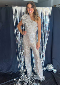 Nude and silver sequins one shoulder bow jumpsuit. So elegant and gorgeous.