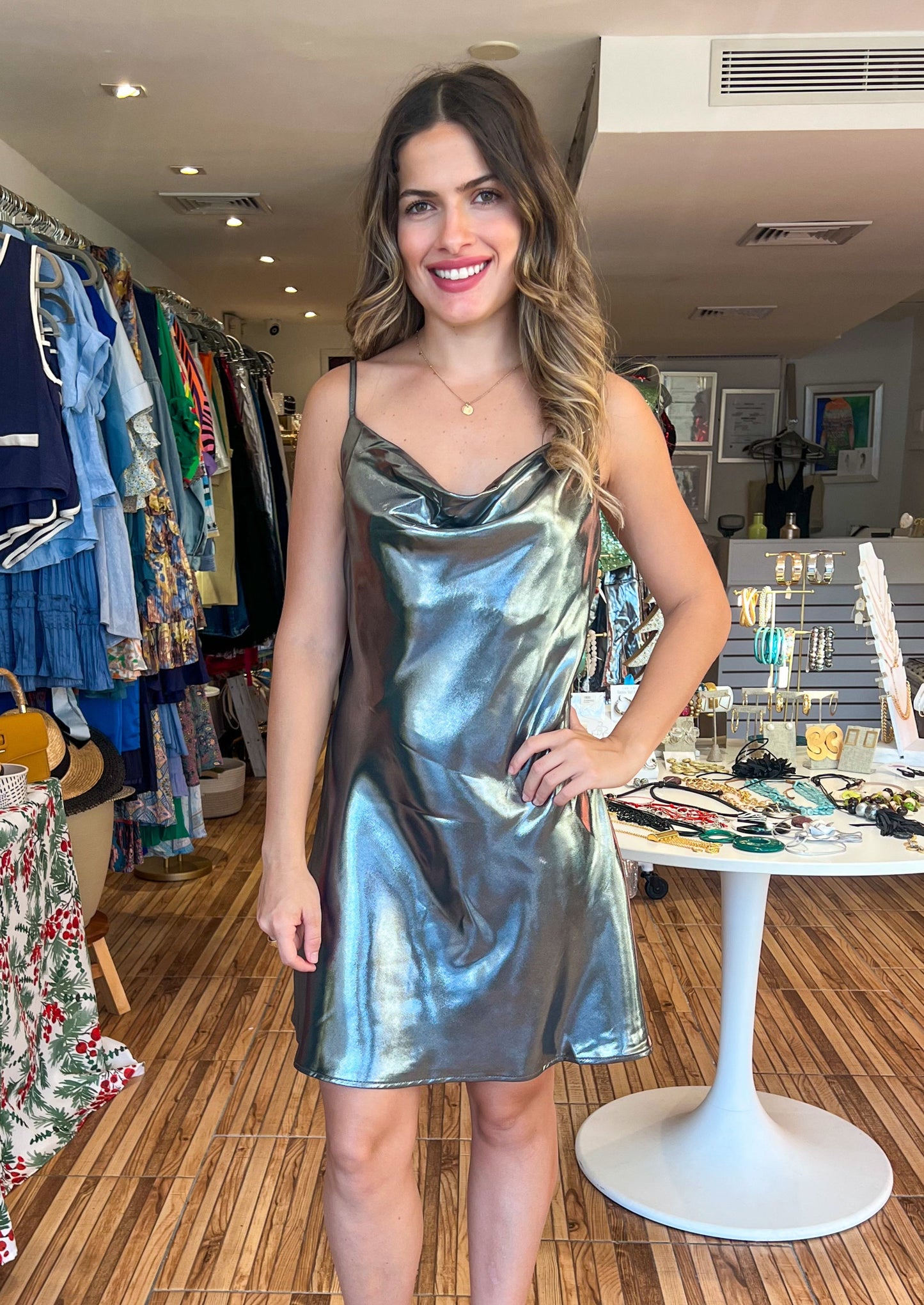 Silver Cowl neck metallic short slip dress with adjustable straps