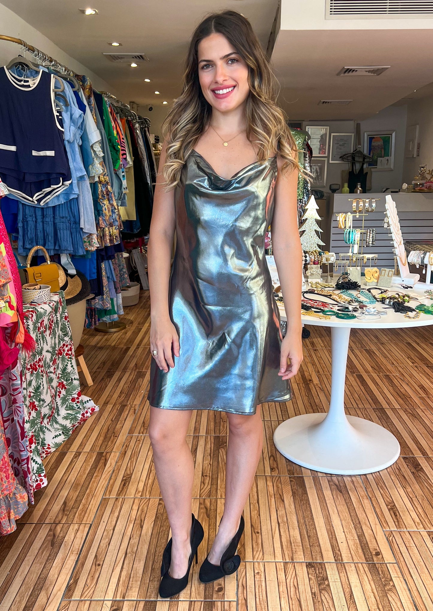 Silver Cowl neck metallic short slip dress with adjustable straps