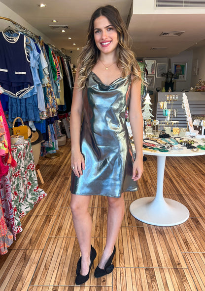 Silver Cowl neck metallic short slip dress with adjustable straps