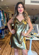 Load image into Gallery viewer, Gold Cowl neck metallic short slip dress with adjustable straps
