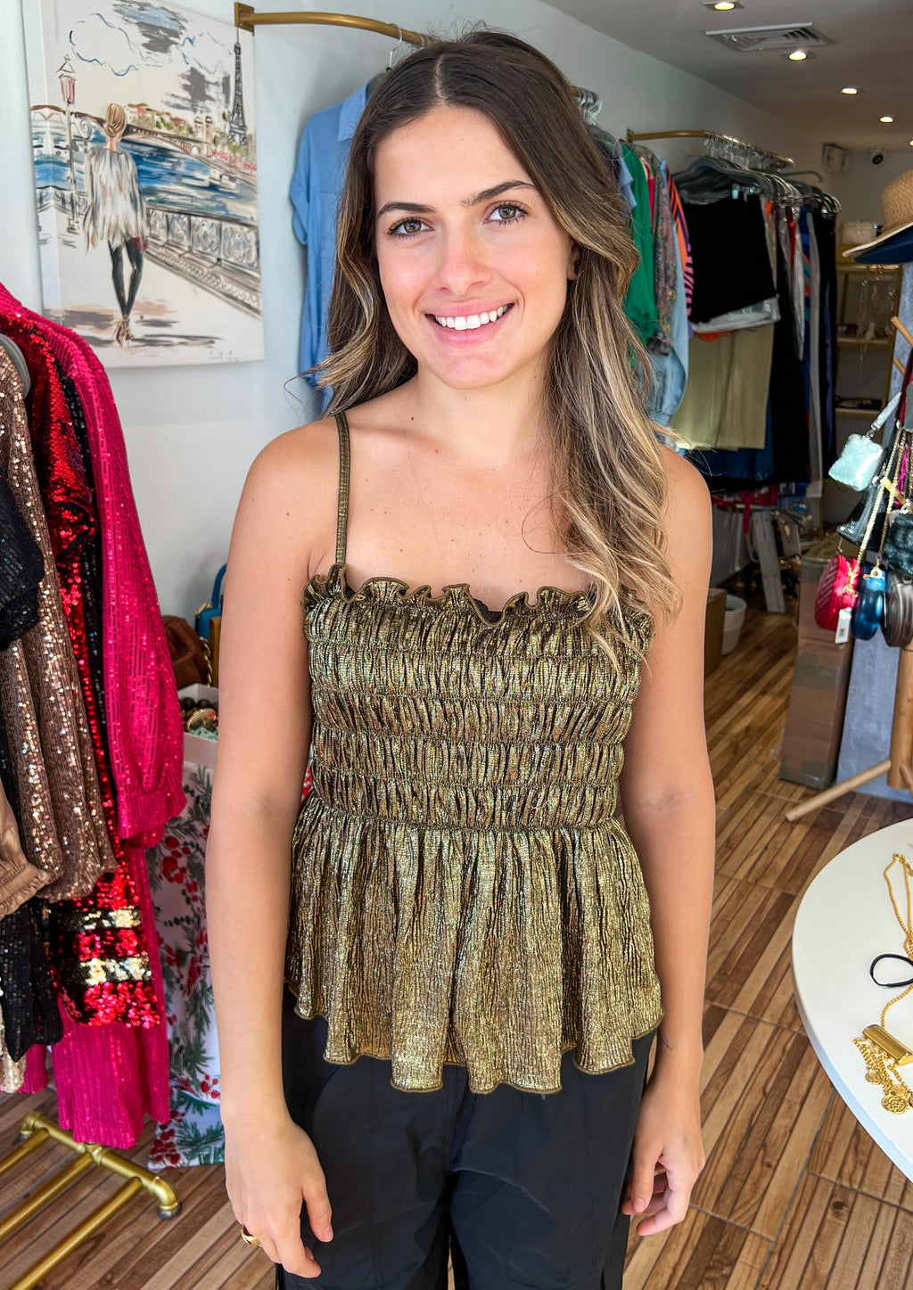 Gold smoking bodice sleeveless lurex peplum top