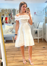 Load image into Gallery viewer, White off the shoulder eyelet short dress.
