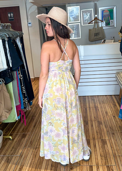 Pastel print criss cross back maxi dress