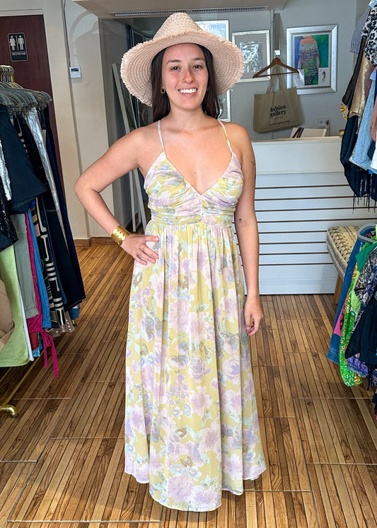 Pastel print criss cross back maxi dress