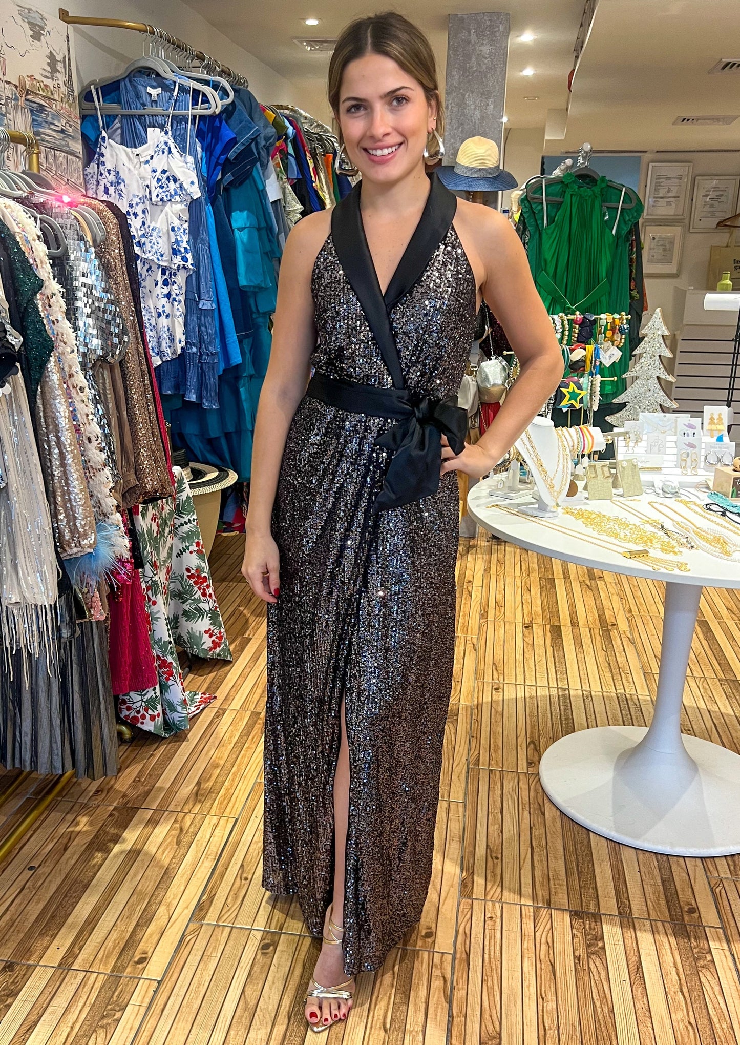 Gunmetal sequins mix maxi dress.