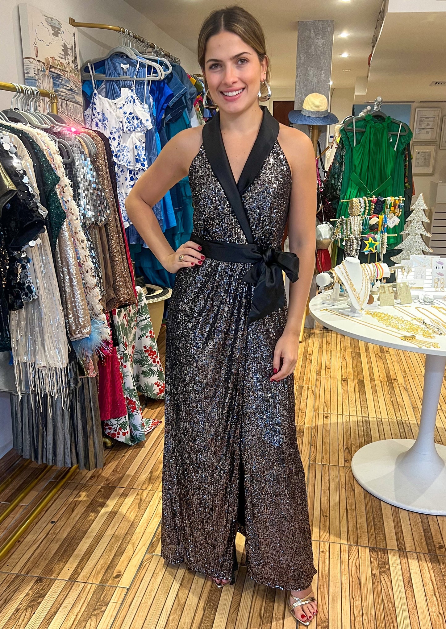 Gunmetal sequins mix maxi dress.