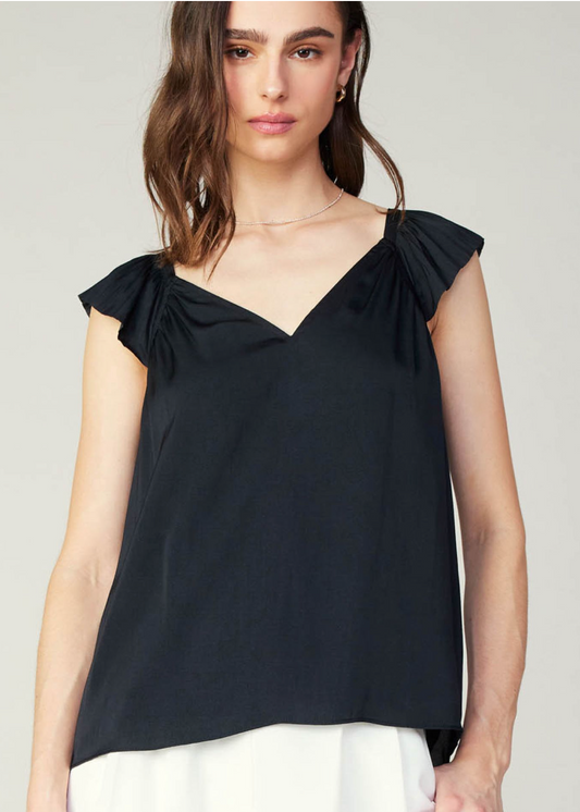 Black sweetheart neck pleated ruffle sleeve top.