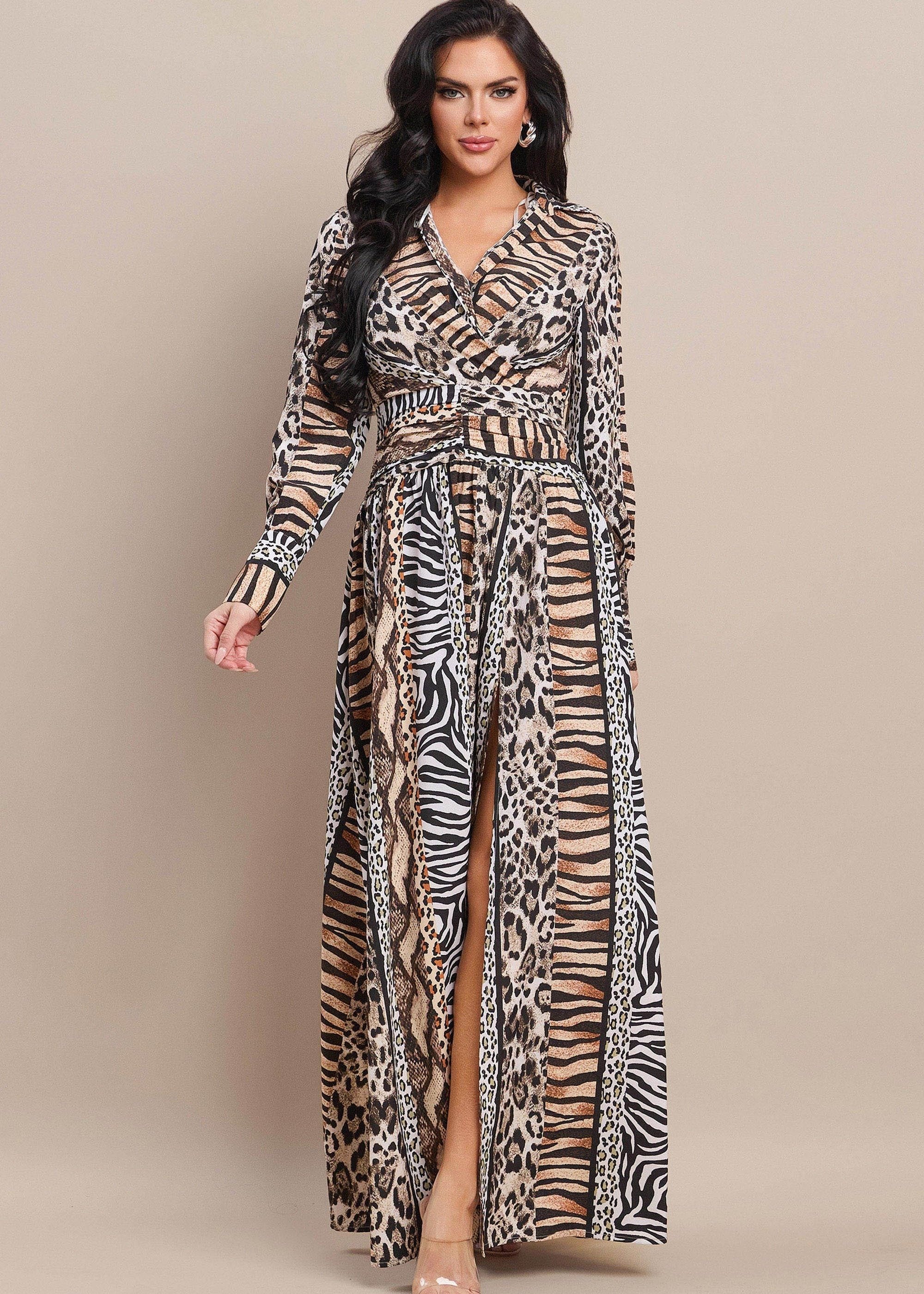Animal print surplice front long sleeve shirred waist maxi dress.