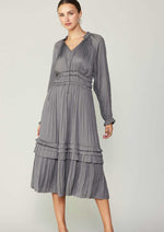 Load image into Gallery viewer, Grey long sleeve split neck long dress with ruffle detail on neck and waist and hem. 
