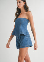 Load image into Gallery viewer, Denim fit and flare denim strapless tube top and matching front button shorts. Top has back exposed zipper.
