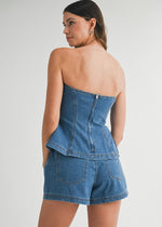 Load image into Gallery viewer, Denim fit and flare denim strapless tube top and matching front button shorts. Top has back exposed zipper.
