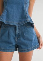 Load image into Gallery viewer, Denim fit and flare denim strapless tube top and matching front button shorts. Top has back exposed zipper.
