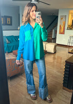 Load image into Gallery viewer, Long sleeve butting up green and blue color block top.

