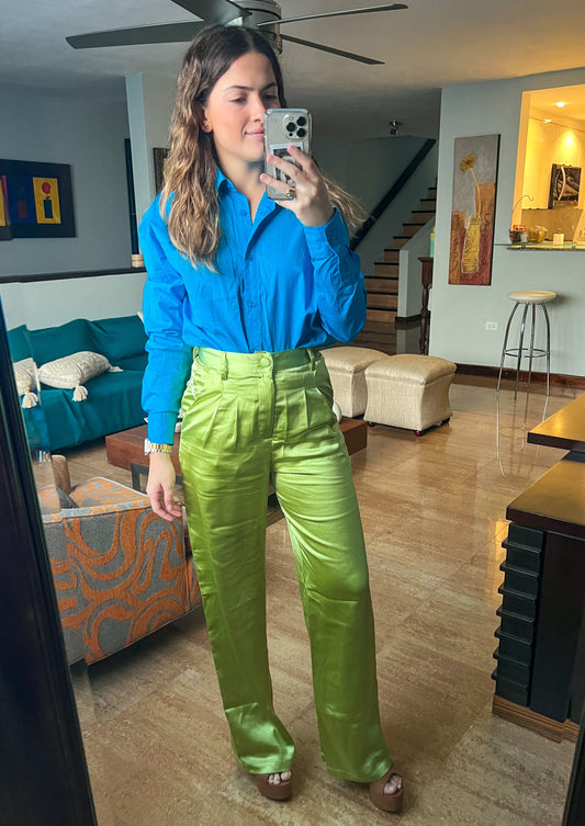 Kiwi green satin high waisted straight leg pants. Features side pockets.