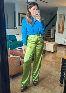 Kiwi green satin high waisted straight leg pants. Features side pockets.