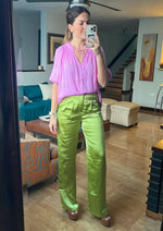 Load image into Gallery viewer, Kiwi green satin high waisted straight leg pants. Features side pockets.
