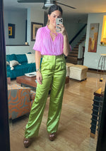 Load image into Gallery viewer, Kiwi green satin high waisted straight leg pants. Features side pockets.
