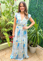 Load image into Gallery viewer, Blue multi paisley print plunged neck maxi dress with a slit on the side. Features lining.
