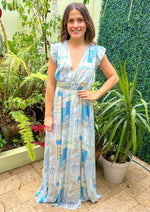 Load image into Gallery viewer, Blue multi paisley print plunged neck maxi dress with a slit on the side. Features lining.
