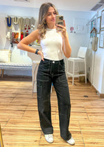 Load image into Gallery viewer, High waisted straight leg cargo pants with side pockets and back pockets.
