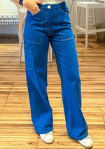 Load image into Gallery viewer, High waisted straight leg cargo pants with side pockets and back pockets.
