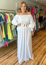 Load image into Gallery viewer, Off the shoulder white maxi dress with beautiful ruffle sleeves and an elastic waist band. 
