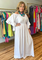 Load image into Gallery viewer, Off the shoulder white maxi dress with beautiful ruffle sleeves and an elastic waist band. 
