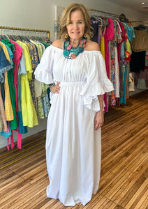 Off the shoulder white maxi dress with beautiful ruffle sleeves and an elastic waist band. 