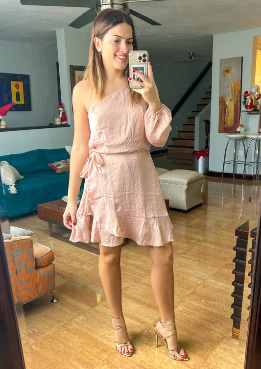 Blush one shoulder short dress with a faux wrap around skirt.