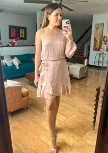 Blush one shoulder short dress with a faux wrap around skirt.